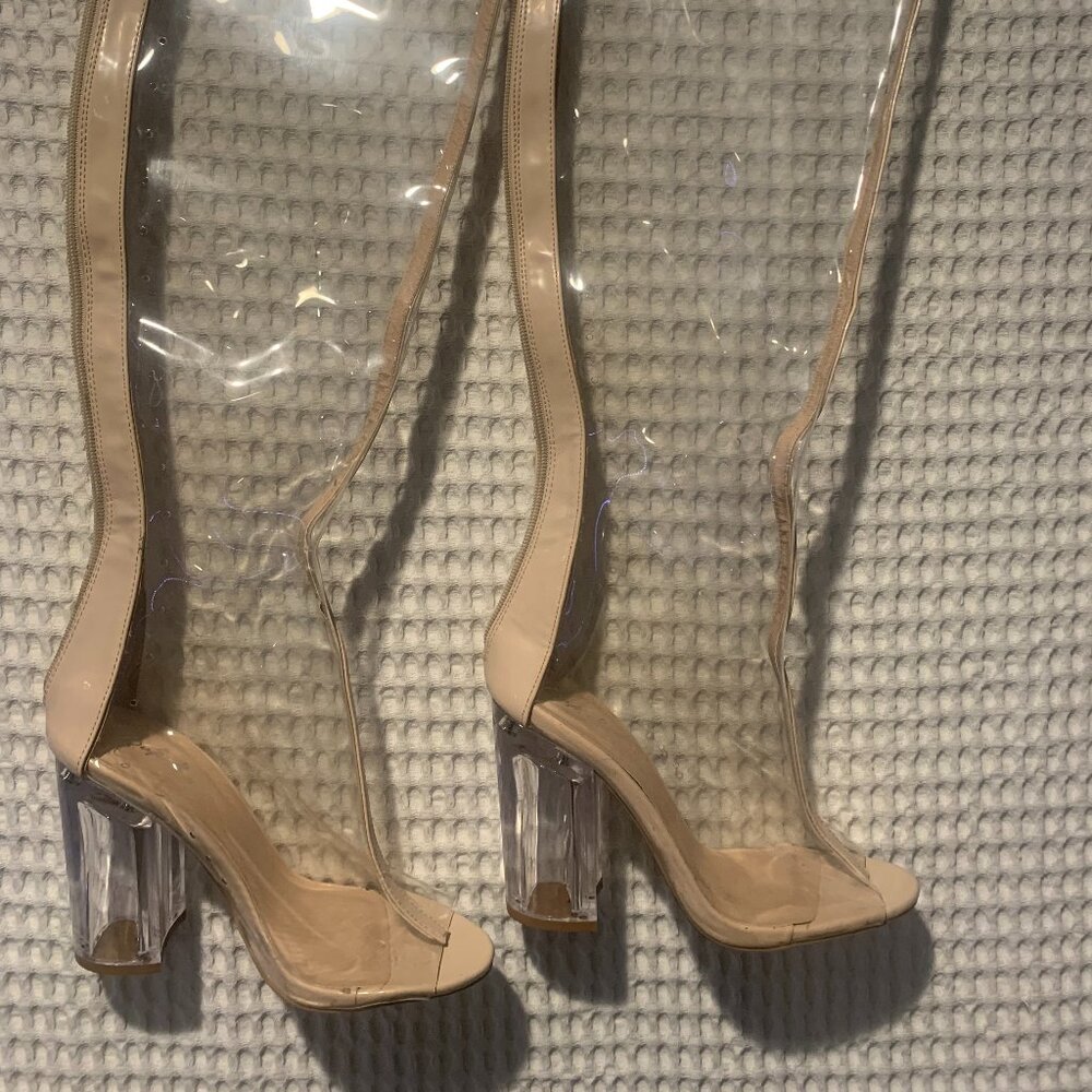 NEW Qupid Ladies Clear & Cream Thigh High Open Toe Boots